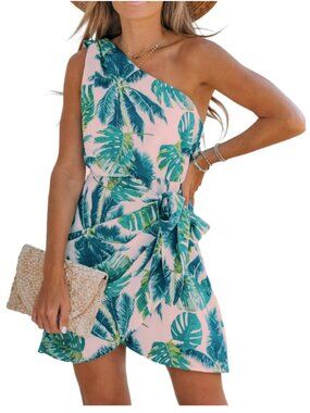 Cupshe Women's One Shoulder Leaf Print Self-tie Short Sleeveless Dress